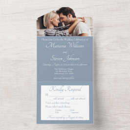 Elegant Dusty Blue Photo Wedding Invitation All In One Uitnodiging