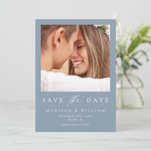 Elegant Dusty Blue Photo Wedding Save the Date (Staand voorkant)
