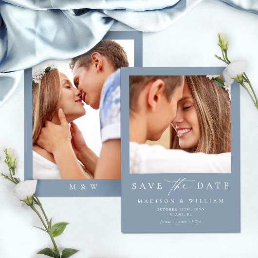 Elegant Dusty Blue Photo Wedding Save the Date