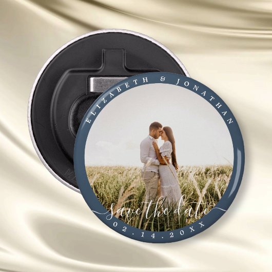 Elegant Dusty Blue Photo Wedding Save the Date Button Flesopener