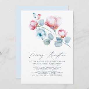 Elegant Dusty Blue Pink Floral Evening Reception Kaart