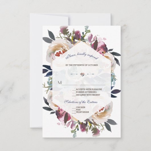 Elegant Dusty Blue Pink Floral Geometric Wedding RSVP Kaartje (Voorkant)