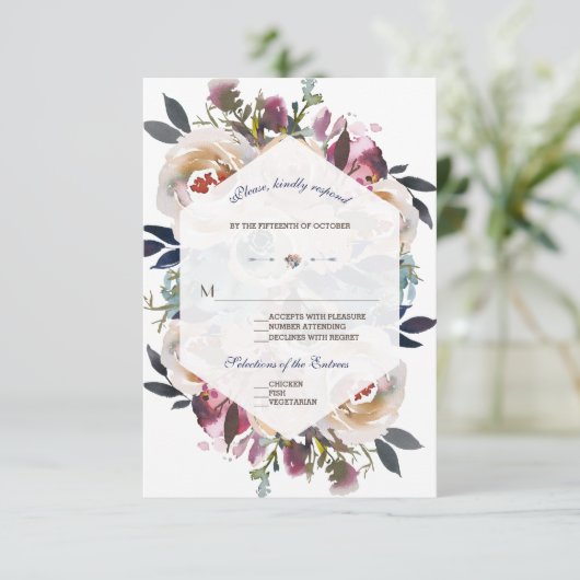 Elegant Dusty Blue Pink Floral Geometric Wedding RSVP Kaartje (Staand voorkant)