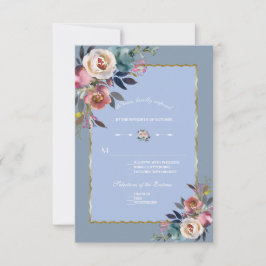 Elegant Dusty Blue Pink Floral Gold Lijst Wedding RSVP Kaartje