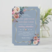 Elegant Dusty Blue Pink Floral Gold Wedding Kaart (Staand voorkant)