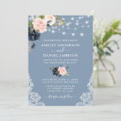 Elegant Dusty Blue Pink Floral Lace Wedding Kaart (Staand voorkant)