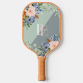 Elegant Dusty Blue Pink Floral Monogram Pickleball Paddle (Voorkant)