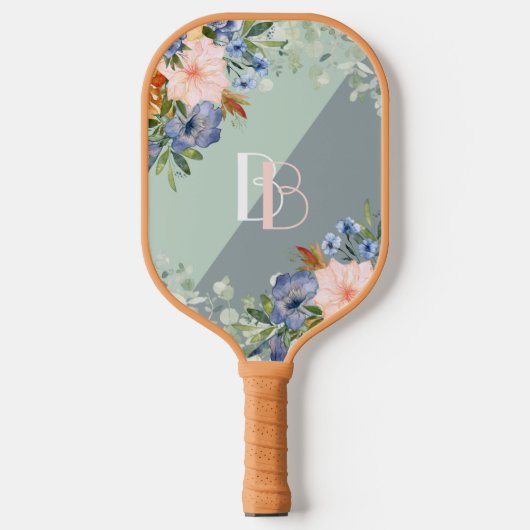 Elegant Dusty Blue Pink Floral Monogram Pickleball Paddle (Voorkant)