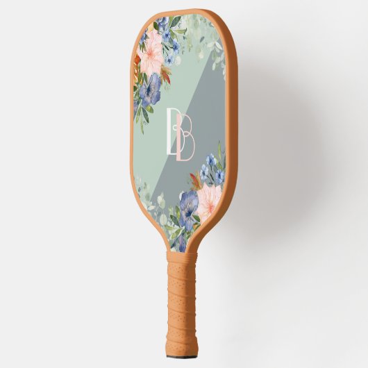 Elegant Dusty Blue Pink Floral Monogram Pickleball Paddle (Links)
