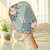 Elegant Dusty Blue Pink Floral Monogram Pickleball Paddle