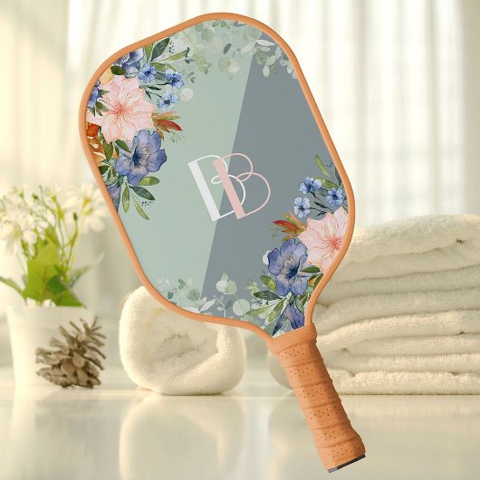 Elegant Dusty Blue Pink Floral Monogram Pickleball Paddle