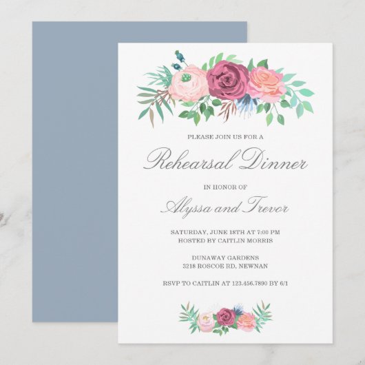 Elegant Dusty Blue Pink Floral Rehearsal Dinner Kaart (Voorkant / Achterkant)