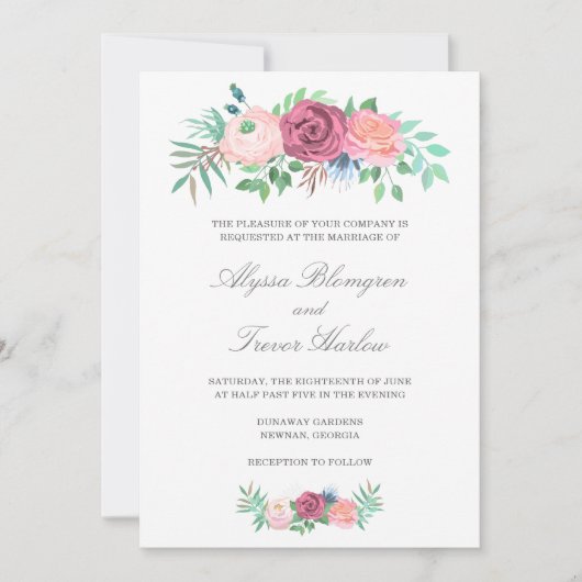 Elegant Dusty Blue Pink Floral Wedding Kaart (Voorkant)