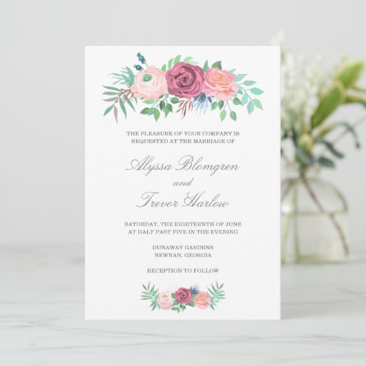 Elegant Dusty Blue Pink Floral Wedding Kaart (Staand voorkant)