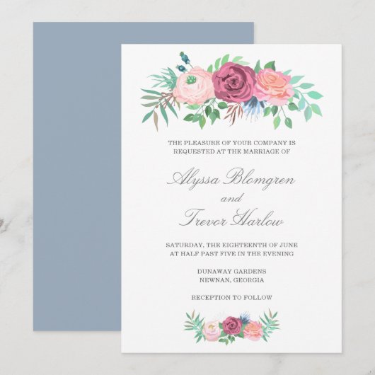 Elegant Dusty Blue Pink Floral Wedding Kaart (Voorkant / Achterkant)