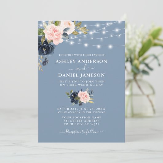 Elegant Dusty Blue Pink Floral Wedding Kaart (Staand voorkant)
