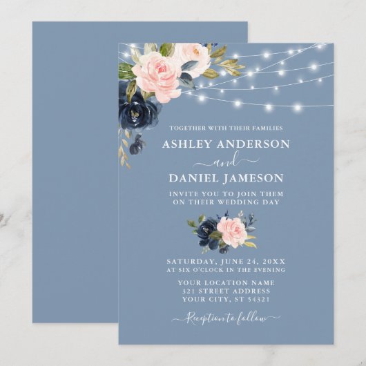 Elegant Dusty Blue Pink Floral Wedding Kaart (Voorkant / Achterkant)