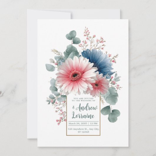 Elegant Dusty Blue Pink Gerbera Daisy Gold Frame Kaart (Voorkant)