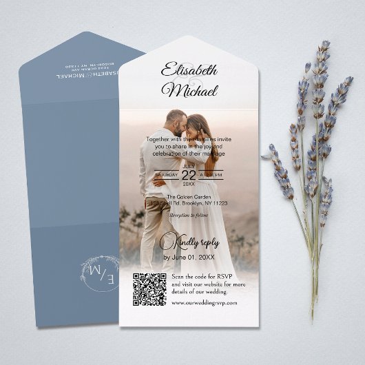 Elegant Dusty Blue QR Code Foto bruiloft All In One Uitnodiging