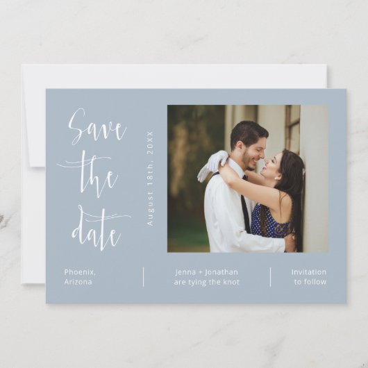 Elegant Dusty Blue QR Code Foto opslaan Datum Kaart (Voorkant)