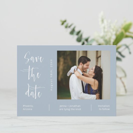 Elegant Dusty Blue QR Code Foto opslaan Datum Kaart (Staand voorkant)