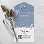 Elegant Dusty Blue QR Code Monogram Bruiloft RSVP All In One Uitnodiging