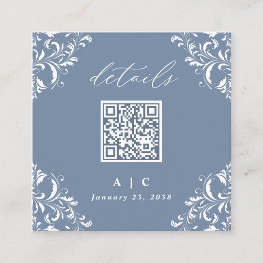 Elegant Dusty Blue QR Code Weddenschap Details Informatiekaartje (Voorkant)