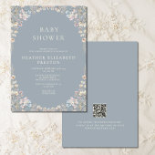 Elegant Dusty Blue QR Code Wildflower Baby Shower  Kaart