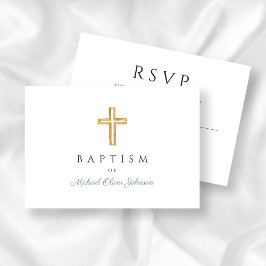 Elegant Dusty Blue Religious Cross Boy Baptisme RSVP Kaartje