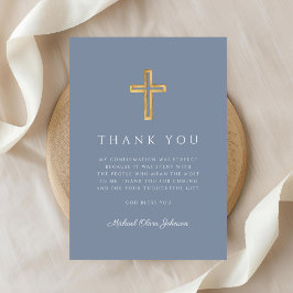 Elegant Dusty Blue Religious Cross Confirmation Bedankkaart