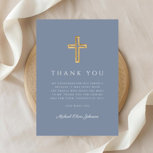 Elegant Dusty Blue Religious Cross Confirmation Bedankkaart