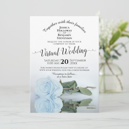 Elegant Dusty Blue Romantic Roos Virtual Wedding Kaart (Staand voorkant)