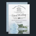 Elegant Dusty Blue Romantic Roos Virtual Wedding Kaart<br><div class="desc">Deze mooie uitnodiging is bedoeld voor koppels die besloten hebben hun bruiloften online te zetten vanwege de aanhoudende pandemie. Het biedt een prachtig ontwerp met een lacy script-kalligrafie met één lange, stoffige blauw of lichtblauw poederblauw roos dat in een pool van water reflecteert. Een prachtige manier om je vrienden en...</div>