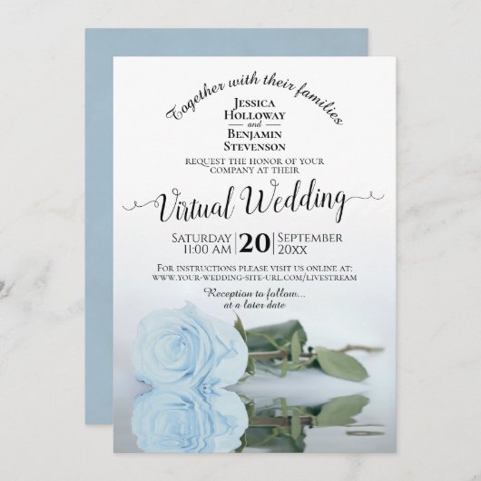 Elegant Dusty Blue Romantic Roos Virtual Wedding Kaart (Voorkant / Achterkant)