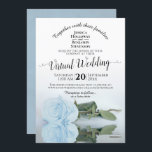 Elegant Dusty Blue Romantic Roos Virtual Wedding Kaart<br><div class="desc">Deze mooie uitnodiging is bedoeld voor koppels die besloten hebben hun bruiloften online te zetten vanwege de aanhoudende pandemie. Het biedt een prachtig ontwerp met een lacy script-kalligrafie met één lange, stoffige blauw of lichtblauw poederblauw roos dat in een pool van water reflecteert. Een prachtige manier om je vrienden en...</div>