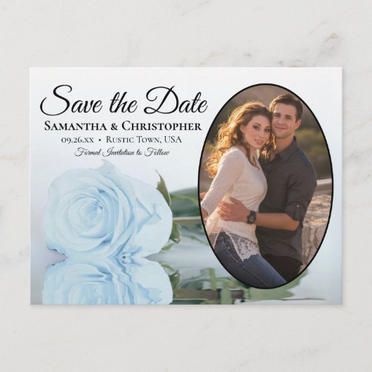 Elegant Dusty Blue Roos Oval Photo Save Date Aankondigingskaart (Voorkant)