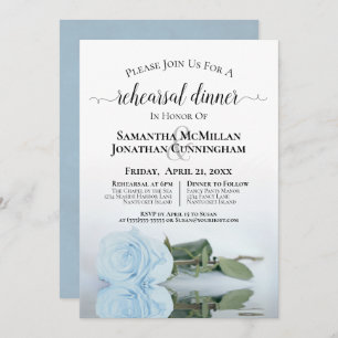 Elegant Dusty Blue Roos Wedding Rehearsal Dinner Kaart