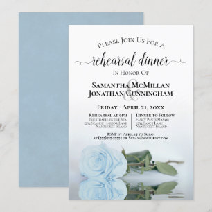 Elegant Dusty Blue Roos Wedding Rehearsal Dinner Kaart