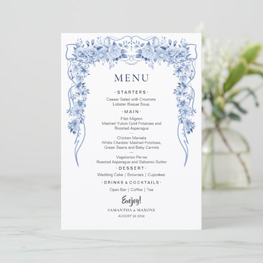 Elegant Dusty Blue Roses Bow Wedding Menu  (Staand voorkant)