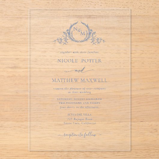 Elegant Dusty Blue Royal Crown Krans Monogram Acryl Uitnodigingen (Voorkant)