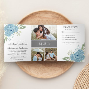 Elegant Dusty Blue Rozen Foto Collage Wedding Drieluik Uitnodiging