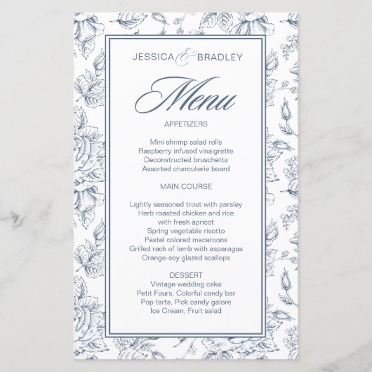 Elegant dusty blue rozen trouwmenu (Voorkant)