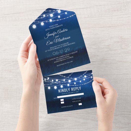 Elegant Dusty Blue Rustic String Lights Wedding All In One Uitnodiging (Afscheurbaar)