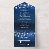 Elegant Dusty Blue Rustic String Lights Wedding All In One Uitnodiging (Binnen)