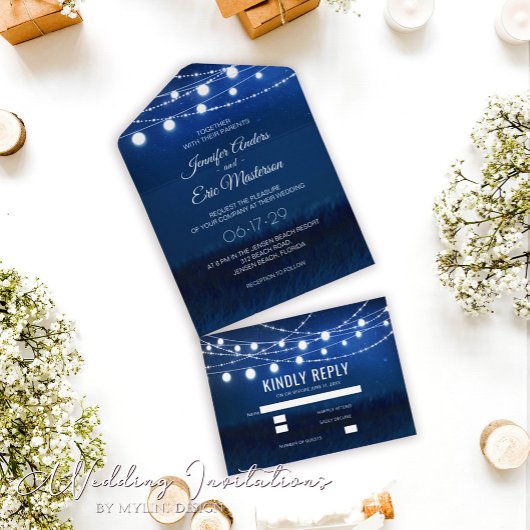 Elegant Dusty Blue Rustic String Lights Wedding All In One Uitnodiging