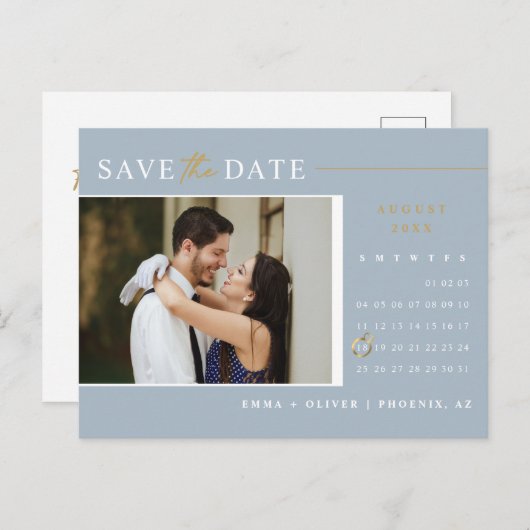 Elegant Dusty Blue Save the Date Calendar QR Code Briefkaart (Voorkant / Achterkant)