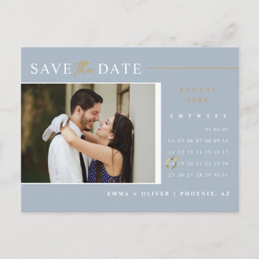 Elegant Dusty Blue Save the Date Calendar QR Code Briefkaart (Voorkant)