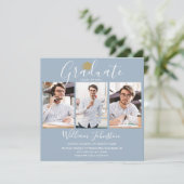 Elegant Dusty Blue Script 4 Foto Graduparty Kaart (Staand voorkant)