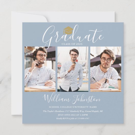 Elegant Dusty Blue Script 4 Foto Graduparty Kaart (Voorkant)