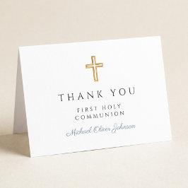 Elegant Dusty Blue Script Boy First Communion  Bedankkaart